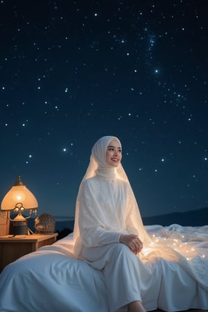 Imagine a dreamlike scene where a young Malay woman, draped in a shimmering white Muslim robe, sits gracefully on a bed that appears to be floating among the stars in a deep night sky. Her hands are gently clasped, and a serene smile graces her face . A delicate white veil, glowing softly as if woven with starlight, crowns her head, adding an ethereal quality to her presence. Nearby, a nightstand and an antique lamp defy gravity, suspended in mid-air, casting a warm, gentle glow that mingles with the starlight. The entire setting exudes a tranquil and otherworldly ambiance, capturing the essence of a celestial dream.