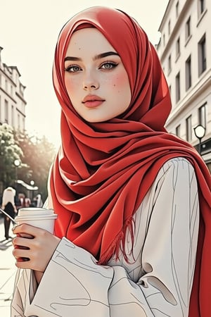 "Illustrate a medium young woman with striking red long hijab cover her chest, She has striking green eyes, pale skin with freckles, and rosy cheeks. Her expression is playful, as if blowing a kiss,wearing elegant, modest white office attire, holding a cup of takeaway coffee, urban backdrop bathed in the ethereal glow of morning sunrays in the background  ', MsK,Sketching1.hanna,Pencil drawing,J4d3