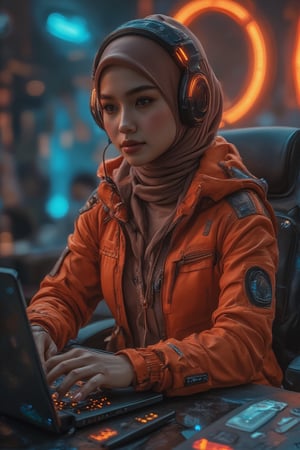 A cyberpunk hijabi woman sits at her desk, working intently on her laptop. She wears a detailed orange high-collar sport jacket, with a sleek matte black headset featuring glowing orange accents resting on her head. Her face is softly illuminated by the blueish light from the laptop screen. The room around her has a futuristic, neon-lit cyberpunk theme. The scene is captured in a medium macro close-up, showing a 3/4 quarter view of her focused expression and the high-tech environment.,Young woman,Midjourneyart,HeadsetXmiya
