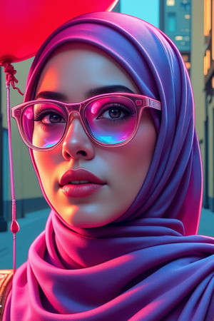 Design a hyper-stylized, semi-realistic portrait of a young woman adorned with a headscarf. The art should have a neon-saturated color palette, blending bold gradients of electric pink, cyan, purple, and gold. Her facial features should be softly exaggerated, with smooth, clean lines, and she should wear reflective glasses that mirror the vibrant surroundings. Emphasize her expression using bright, contrasting highlights, combining elements of pop art and vaporwave aesthetics. The headscarf should cascade in dynamic, flowing shapes, integrating seamlessly with the colorful atmosphere. Keep the background minimal, ensuring the focus remains on the subject’s glowing, radiant presence. The overall style should mix digital airbrush techniques with vector-like precision, resulting in a sleek, polished, and futuristic look. Inspired by a vibrant, cutting-edge aesthetic, ‘Zur1n3,“Photo of a wall in the city. On the wall  we see detailed graffiti with a girl holing a red balloon in the style of Banksy, the graffiti text reads "DREAM DIFFUSION FLUX".”,Ink art style