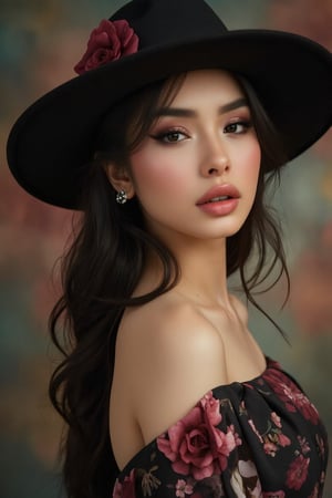 Close-up of woman in hat, digital art, Ross Tran, gothic art, décolletage, nose piercing, fashionable witch queen, Alexei Zaitsev, Old West, Tom Bagshaw, cool pose, Brandon Woelfel, beautiful avatars, cleavage, Halloween Eve, Autumn