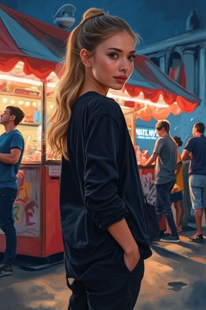 a digital watercolor painting, of a beautiful girl with ponytail hair, soft makeup, she wearing black loose shirt with long pants, sneakers standing at the dark night festival foods vendor and funfair, realism, lighting on the edge, soft painterly, matte color, vivid and vibrant colour, detailed.,artberat,L1ly,Zur1n3