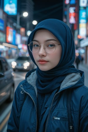 A cinematic, extreme close-up portrait of a young Muslim woman in an urban night scene. The shot is from an eye-level angle, slightly tilted to focus on her face and upper body. She wears a sleek, long blue hijab, paired with round vintage-style glasses and a dark blue knitted beanie. Her outfit consists of a layered blue winter zipper jacket over a hoodie, exuding a casual streetwear vibe. Soft, diffused lighting casts cool-toned highlights across her face and hair, with gentle shadows adding depth to her features. In the background, the cityscape is blurred into a bokeh of blue and white lights, enhancing the urban feel. The color palette is cool and moody, with dominant shades of blue, gray, and silver, creating a calm, mysterious, and subtly futuristic atmosphere. N4jku