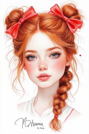 "Illustrate a young woman with striking red hair in messy buns with two large red bows and a long braid. She has bright blue eyes, pale skin with freckles, and rosy cheeks. Her expression is playful, as if blowing a kiss, elegant cursive handwritten signature of the name 'by Bob', with a small heart above the letter 'o', MsK,Sketching1.hanna,Pencil drawing