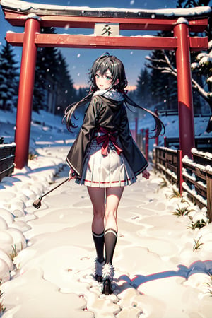 1girl, solo, ,yukino yukinoshita, backwards, under_torii_gate, middle, white_japanese_clothes, winter, snowing, snow, mild_smile, blushing, black_hair, twin_tails, full_body, walking_away