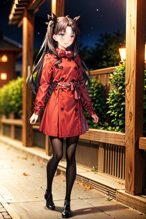 1girl, solo, blushing, happy, mild_smile,tohsaka rin, costume, cute, night, japan, city, full body, outside, cold, blowing_hands