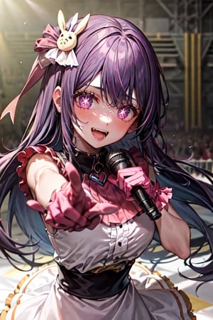 1girl, solo, looking_at_viewer, blushing, HOSHINO AI, standing, pink_dress, huge smile, microphone_on_left_hand, right_index_finger_pointing, concert_setting, normal_hands