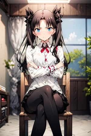 1girl, solo, looking_at_viewer, crossed_arms, crossed_legs_(sitting), pissed_off, poking, closed_eyes, twin_tails,tohsaka rin, stockings, casual