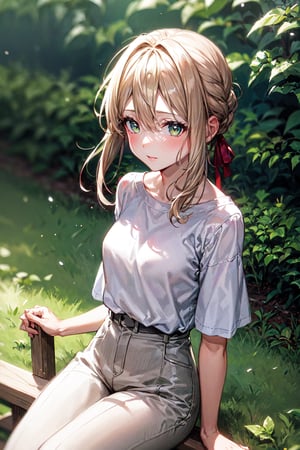 1girl, solo, looking_at_viewer, green_emerald, serene,violet evergarden, natural_background, casual