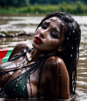 masterpiece, best quality, photorealistic, unedited photo, 25 year old girl, detailed skin,full_body, Masterpiece, long hair, wet clothes, red lipstick, full fit body, wet hair, soakingwetclothes, mud covered, muddy, lying in mud, covered in mud, 