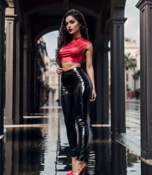 masterpiece, best quality, photorealistic, unedited photo, 25 year old latino girl, detailed skin,full_body, Masterpiece, long hair, wet clothes, red lipstick, full fit body, wet hair, wetlook pants, soakingwetclothes, satin top,