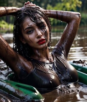 masterpiece, best quality, photorealistic, unedited photo, 25 year old girl, detailed skin,full_body, Masterpiece, long hair, wet clothes, red lipstick, full fit body, wet hair, soakingwetclothes, mud covered, muddy, lying in mud, covered in mud, 