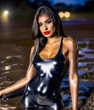 masterpiece, best quality, photorealistic, unedited photo, 25 year old latino girl, detailed skin,full_body, Masterpiece, long hair, wet clothes, red lipstick, full fit body, wet hair, wetlook pants, soakingwetclothes, satin top, mud covered, muddy, lying in mud, covered in mud, 