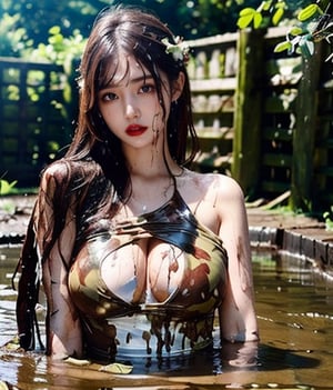 masterpiece, best quality, photorealistic, unedited photo, 25 year old girl, detailed skin,full_body, Masterpiece, long hair, wet clothes, red lipstick, full fit body, wet hair, soakingwetclothes, mud covered, muddy, lying in mud, covered in mud, wedding dress