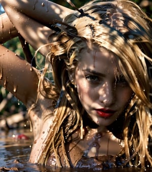 masterpiece, best quality, photorealistic, unedited photo, 25 year old girl, detailed skin,full_body, Masterpiece, long hair, wet clothes, red lipstick, full fit body, wet hair, muddy hair and face, mud covered, muddy, covered in mud, blonde wet straight hair, blonde wet woman,whole body, 