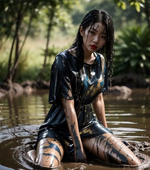 ultra realistic, masterpiece, best quality, photorealistic, unedited photo, 25 year old girl, detailed skin,full_body, Masterpiece, long hair, wet clothes, red lipstick, full fit body, wet hair, mud covered, muddy, covered in mud, black wet straight hair, asian wet woman, whole body, visible legs, blue dress