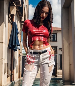 masterpiece, best quality, photorealistic, unedited photo, 25 year old girl, detailed skin,full_body, Masterpiece, long hair, wet clothes, red lipstick, full fit body, wet hair, wet red shirt, white wet pants, high heels, soakingwetclothes