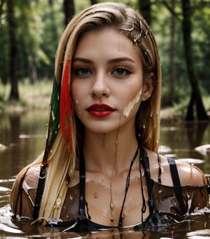 masterpiece, best quality, photorealistic, unedited photo, 25 year old girl, detailed skin,full_body, Masterpiece, long hair, wet clothes, red lipstick, full fit body, wet hair, muddy hair and face, mud covered, muddy, covered in mud, blonde wet straight hair, blonde wet woman, underwear, whole body