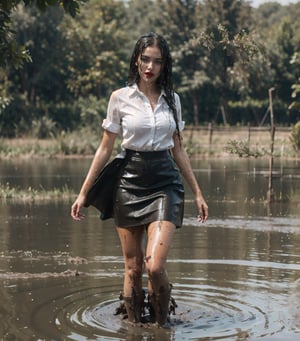 ultra realistic, masterpiece, best quality, photorealistic, unedited photo, 25 year old girl, detailed skin,full_body, Masterpiece, long hair, wet clothes, red lipstick, full fit body, wet hair, mud covered, muddy, covered in mud, black straight hair, wet woman, whole body, visible legs, black skirt, swimming in mud, white shirt