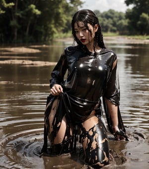 ultra realistic, masterpiece, best quality, photorealistic, unedited photo, 25 year old girl, detailed skin,full_body, Masterpiece, long hair, wet clothes, red lipstick, full fit body, wet hair, mud covered, muddy, covered in mud, black wet straight hair, asian wet woman, whole body, visible legs