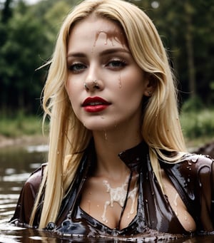 masterpiece, best quality, photorealistic, unedited photo, 25 year old girl, detailed skin,full_body, Masterpiece, long hair, wet clothes, red lipstick, full fit body, wet hair, muddy hair and face, mud covered, muddy, covered in mud, blonde wet straight hair, blonde wet woman,whole body, 