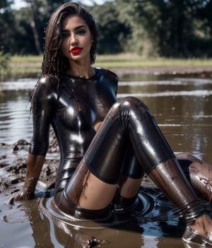 masterpiece, best quality, photorealistic, unedited photo, 25 year old latino girl, detailed skin,full_body, Masterpiece, long hair, wet clothes, red lipstick, full fit body, wet hair, wetlook pants, soakingwetclothes, satin top, mud covered, muddy, lying in mud