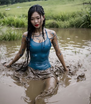 ultra realistic, masterpiece, best quality, photorealistic, unedited photo, 25 year old girl, detailed skin,full_body, Masterpiece, long hair, wet clothes, red lipstick, full fit body, wet hair, mud covered, muddy, covered in mud, black wet straight hair, asian wet woman, whole body, visible legs, blue dress, swimming in mud, 