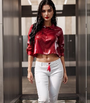 masterpiece, best quality, photorealistic, unedited photo, 25 year old girl, detailed skin,full_body, Masterpiece, long hair, wet clothes, red lipstick, full fit body, wet hair, wet red shirt, white wet pants, high heels, soakingwetclothes