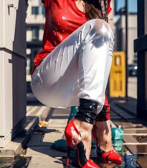 masterpiece, best quality, photorealistic, unedited photo, 25 year old girl, detailed skin,full_body, Masterpiece, long hair, wet clothes, red lipstick, full fit body, wet hair, wet red shirt, white wet pants, high heels, soakingwetclothes