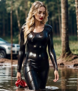 masterpiece, best quality, photorealistic, unedited photo, 25 year old girl, detailed skin,full_body, Masterpiece, long hair, wet clothes, red lipstick, full fit body, wet hair, soakingwetclothes, mud covered, muddy, covered in mud, blonde straight hair, blonde woman, catsuit