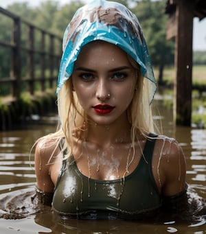 masterpiece, best quality, photorealistic, unedited photo, 25 year old girl, detailed skin,full_body, Masterpiece, long hair, wet clothes, red lipstick, full fit body, wet hair, muddy hair and face, mud covered, muddy, covered in mud, blonde wet straight hair, blonde woman,