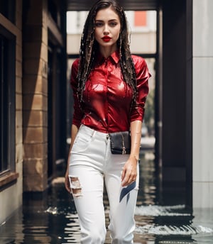 masterpiece, best quality, photorealistic, unedited photo, 25 year old girl, detailed skin,full_body, Masterpiece, long hair, wet clothes, red lipstick, full fit body, wet hair, wet red shirt, white wet pants, high heels, soakingwetclothes