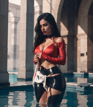 masterpiece, best quality, photorealistic, unedited photo, 25 year old latino girl, detailed skin,full_body, Masterpiece, long hair, wet clothes, red lipstick, full fit body, wet hair, wetlook pants, soakingwetclothes, satin top,