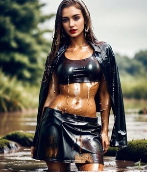 masterpiece, best quality, photorealistic, unedited photo, 25 year old girl, detailed skin,full_body, Masterpiece, long hair, wet clothes, red lipstick, full fit body, wet hair, soakingwetclothes, mud covered, muddy, covered in mud, blonde straight hair, long leather skirt, blonde woman