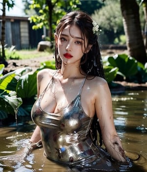 masterpiece, best quality, photorealistic, unedited photo, 25 year old girl, detailed skin,full_body, Masterpiece, long hair, wet clothes, red lipstick, full fit body, wet hair, soakingwetclothes, mud covered, muddy, lying in mud, covered in mud, wedding dress