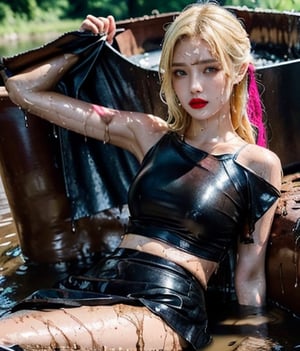 masterpiece, best quality, photorealistic, unedited photo, 25 year old girl, detailed skin,full_body, Masterpiece, long hair, wet clothes, red lipstick, full fit body, wet hair, soakingwetclothes, mud covered, muddy, lying in mud, covered in mud, blonde hair, long leather skirt, leather skirt, blonde woman