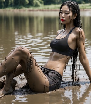 ultra realistic, masterpiece, best quality, photorealistic, unedited photo, 25 year old girl, detailed skin,full_body, Masterpiece, long hair, wet clothes, red lipstick, full fit body, wet hair, mud covered, muddy, covered in mud, black straight hair, asian wet woman, whole body, visible legs, athletic clothes, sports bra, swimming in mud, 
