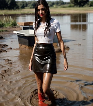 ultra realistic, masterpiece, best quality, photorealistic, unedited photo, 25 year old girl, detailed skin,full_body, Masterpiece, long hair, wet clothes, red lipstick, full fit body, wet hair, mud covered, muddy, covered in mud, black straight hair, wet woman, whole body, visible legs, black skirt, swimming in mud, white shirt