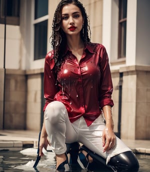 masterpiece, best quality, photorealistic, unedited photo, 25 year old girl, detailed skin,full_body, Masterpiece, long hair, wet clothes, red lipstick, full fit body, wet hair, wet red shirt, white wet pants, high heels, soakingwetclothes
