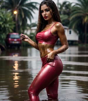masterpiece, best quality, photorealistic, unedited photo, 25 year old latino girl, detailed skin,full_body, Masterpiece, long hair, wet clothes, red lipstick, full fit body, wet hair, wetlook pants, soakingwetclothes, satin top, mud covered, muddy