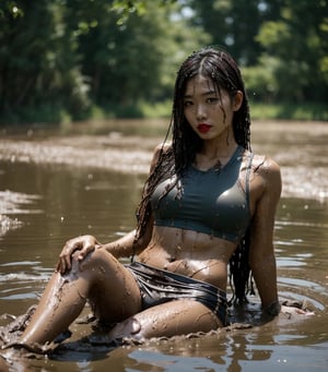 ultra realistic, masterpiece, best quality, photorealistic, unedited photo, 25 year old girl, detailed skin,full_body, Masterpiece, long hair, wet clothes, red lipstick, full fit body, wet hair, mud covered, muddy, covered in mud, black straight hair, asian wet woman, whole body, visible legs, athletic clothes, swimming in mud, 
