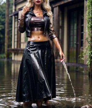 masterpiece, best quality, photorealistic, unedited photo, 25 year old girl, detailed skin,full_body, Masterpiece, long hair, wet clothes, red lipstick, full fit body, wet hair, soakingwetclothes, mud covered, muddy, covered in mud, blonde hair, long leather skirt, leather skirt, blonde woman