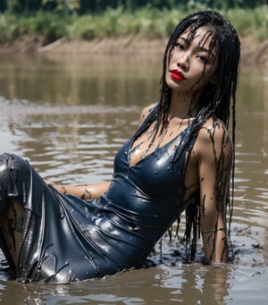 ultra realistic, masterpiece, best quality, photorealistic, unedited photo, 25 year old girl, detailed skin,full_body, Masterpiece, long hair, wet clothes, red lipstick, full fit body, wet hair, mud covered, muddy, covered in mud, black wet straight hair, asian wet woman, whole body, visible legs, blue dress, swimming in mud, 