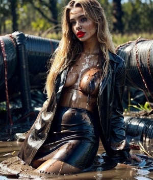 masterpiece, best quality, photorealistic, unedited photo, 25 year old girl, detailed skin,full_body, Masterpiece, long hair, wet clothes, red lipstick, full fit body, wet hair, soakingwetclothes, mud covered, muddy, lying in mud, covered in mud, blonde hair, long leather skirt, leather skirt, blonde woman