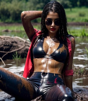 masterpiece, best quality, photorealistic, unedited photo, 25 year old latino girl, detailed skin,full_body, Masterpiece, long hair, wet clothes, red lipstick, full fit body, wet hair, wetlook pants, soakingwetclothes, satin top, mud covered, muddy, lying in mud