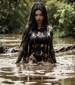 ultra realistic, masterpiece, best quality, photorealistic, unedited photo, 25 year old girl, detailed skin,full_body, Masterpiece, long hair, wet clothes, red lipstick, full fit body, wet hair, mud covered, muddy, covered in mud, black wet straight hair, asian wet woman, whole body, visible legs