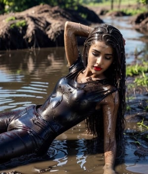 masterpiece, best quality, photorealistic, unedited photo, 25 year old latino girl, detailed skin,full_body, Masterpiece, long hair, wet clothes, red lipstick, full fit body, wet hair, wetlook pants, soakingwetclothes, satin top, mud covered, muddy, lying in mud, covered in mud, 