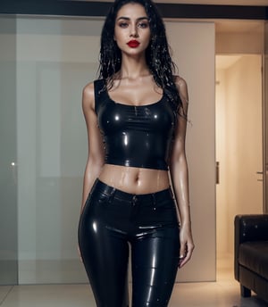 masterpiece, best quality, photorealistic, unedited photo, 25 year old girl, detailed skin,full_body, Masterpiece, long hair, wet clothes, red lipstick, full fit body, wet hair, wetlook pants, soakingwetclothes, satin top