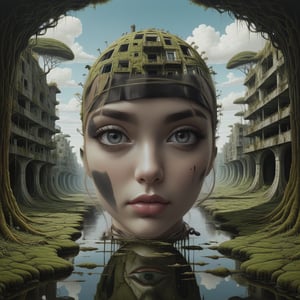 Digital Art, images inspired by the signature style of Brian Despain, Mars Ravelo and Mati Klarwein. Create expansive landscapes featuring ruined urban scenes overgrown with moss and undergrowth, filled with intricate details. In a lively setting, a large structure shaped like a human head adjoins the water, giving the artwork a dynamic and immersive quality. Photos, long shots, high detail, best composition.