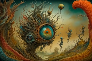 Fantasy illustration, psychedelic art depicting an illusory, disturbed, abstract, ephemeral, elusive and unstable visual narrative, digital painting, mesmerizing and highly detailed, vivid colors, surrealism, psychedelic background, intricate details, 3D rendering, oil painting, delicate, octane rendering, in the style of esao andrews,potma style, best composition